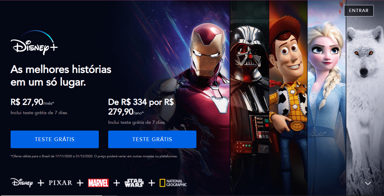 Página inicial do Disney Plus