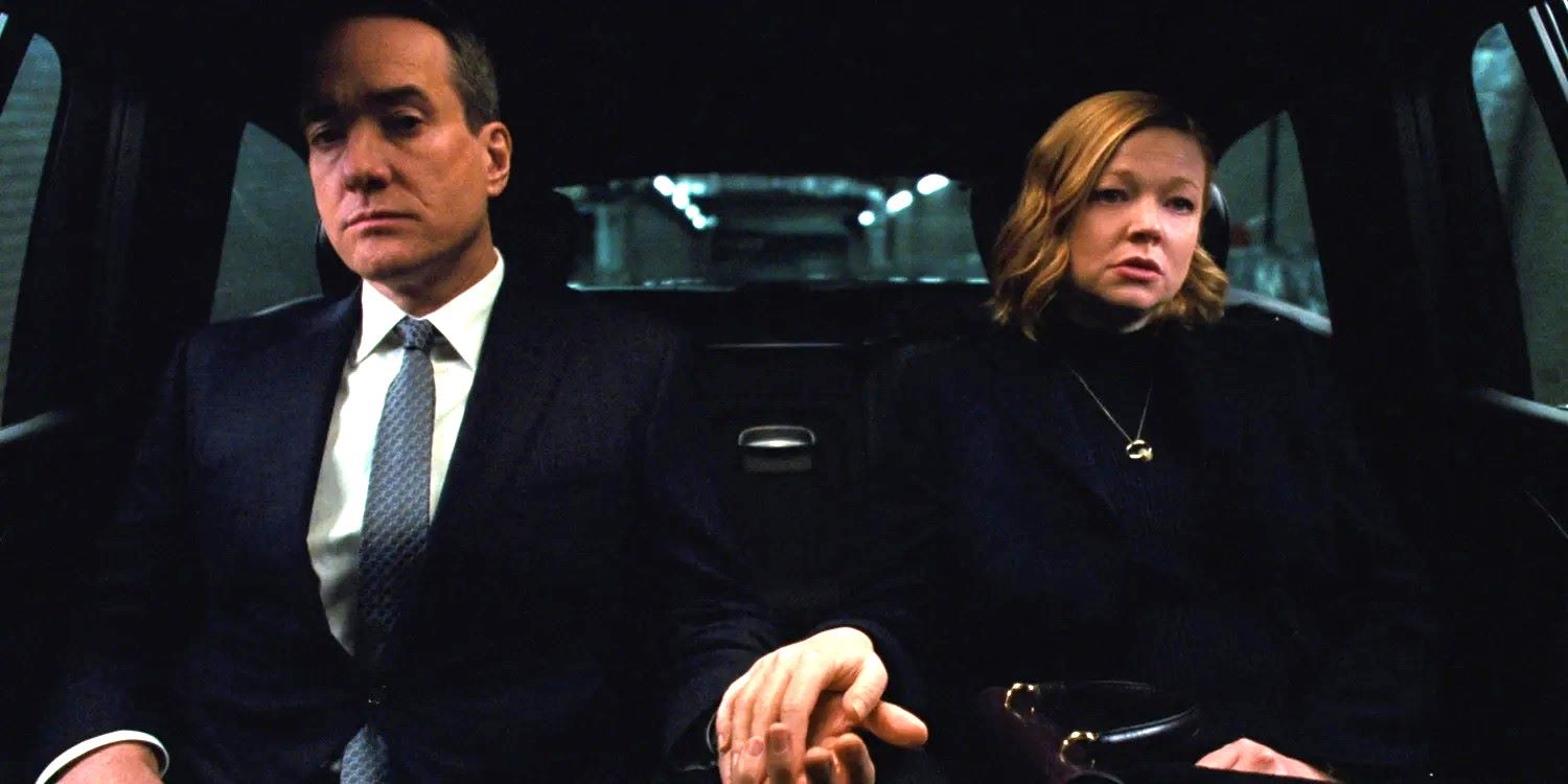 Tom (Matthew Macfadyen) e Shiv (Sarah Snook) em Succession (Reprodução / HBO)