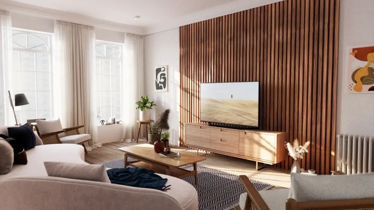 sala de estar com parede principal com painel de madeira