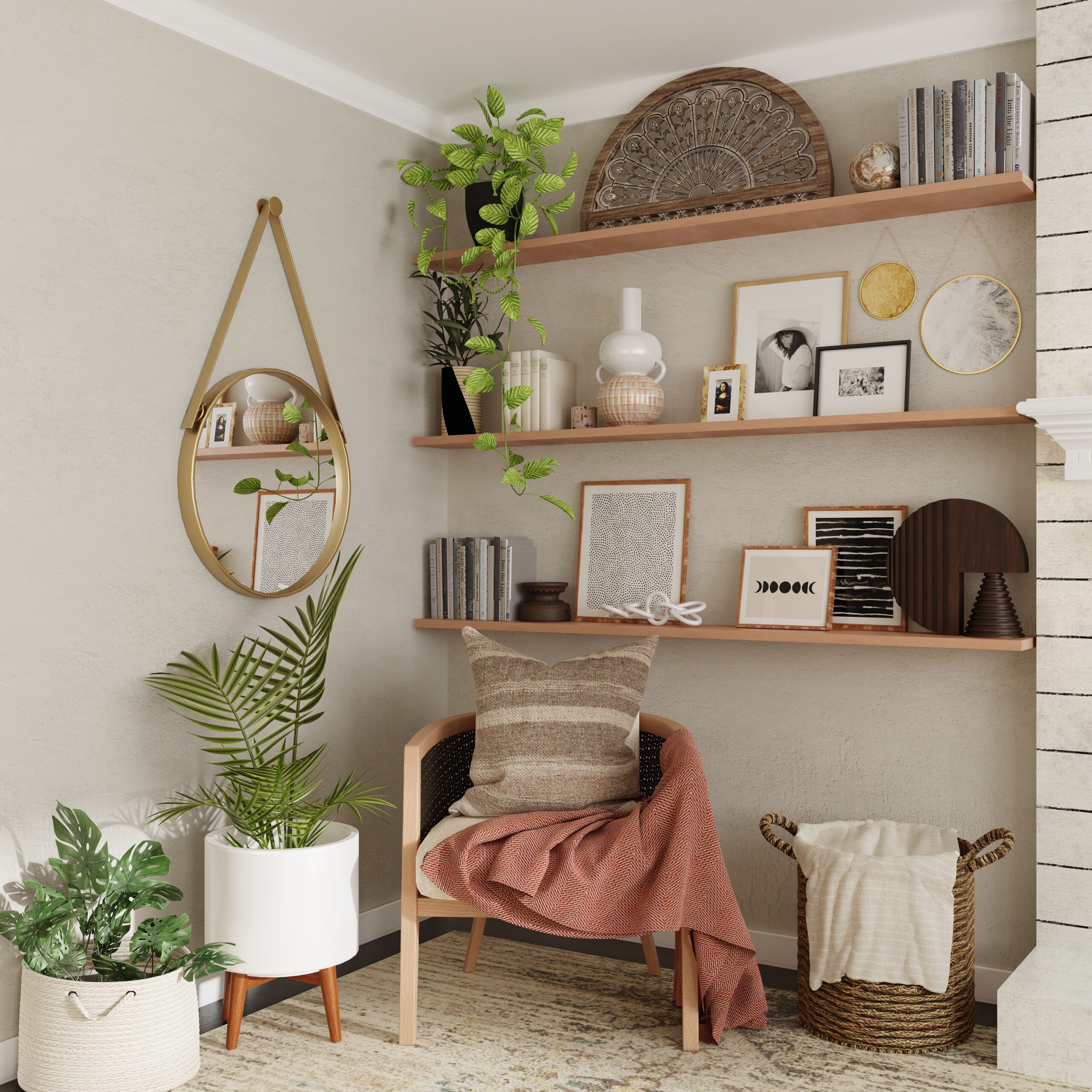 espaço de sala com prateleiras na parede