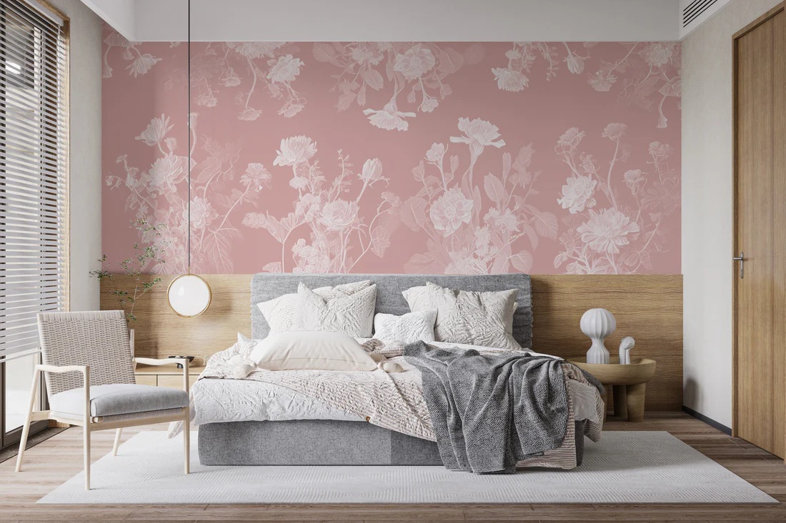 quarto com papel de parede em parede de destaque na cabeceira