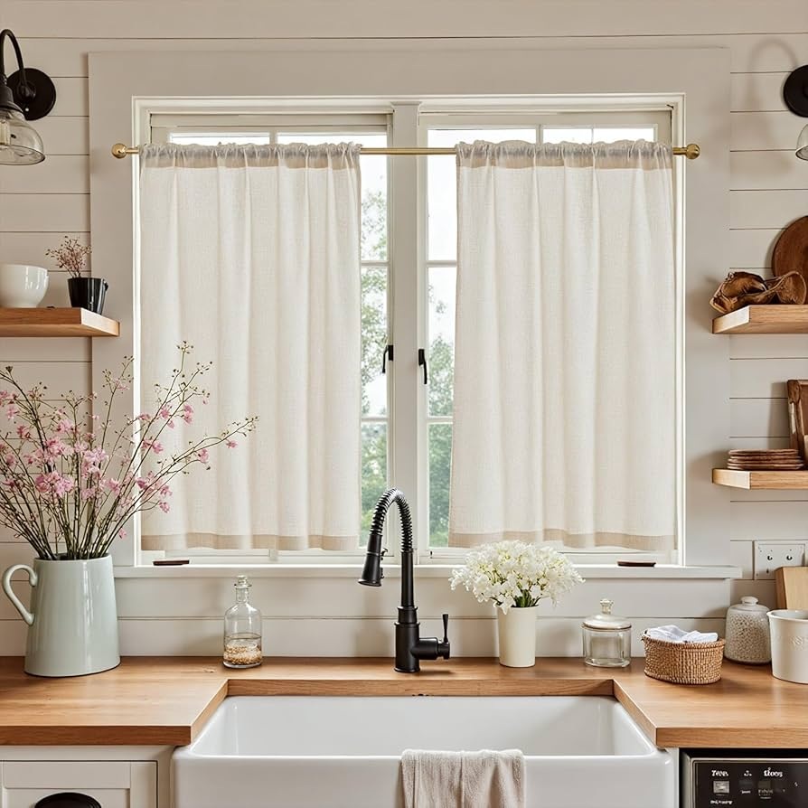 janela de cozinha com cortinas brancas