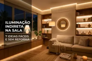 Sala de estar com iluminação indireta e dicas para 2026